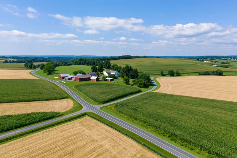 Aerial view of a rural american farm with red barns and intersecting roads surrounded by corn and wheat fields under a blue sky with clouds