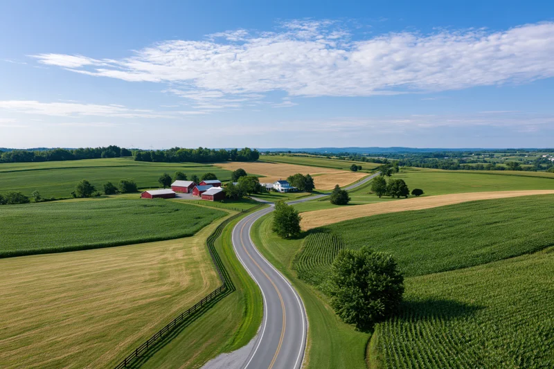 Aerial view of a winding road through green fields and a red barn farm in rural america