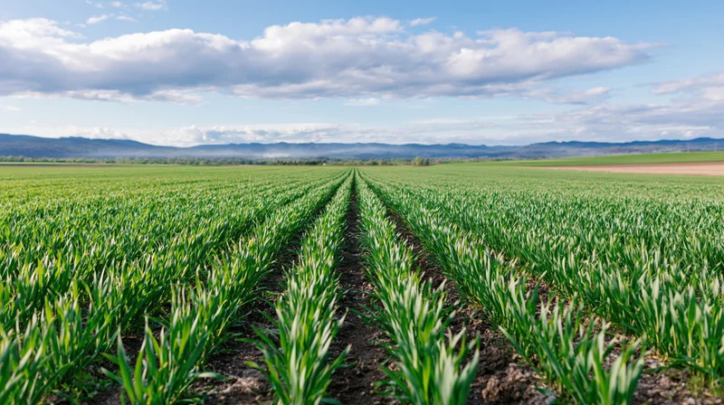 Rows of young green wheat plants growing in a wide agricultural field under a blue sky with clouds