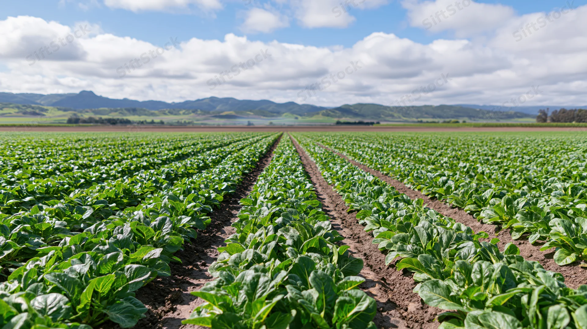 Rows of young green lettuce plants growing in a wide agricultural field under a blue sky with clouds and distant mountains