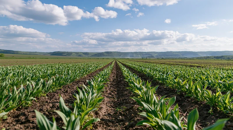 Parallel rows of young green crops growing in a wide agricultural field under a blue sky with scattered clouds