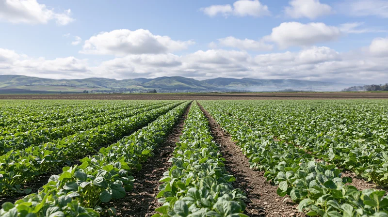 Rows of young green soybean plants growing in a wide agricultural field under a blue sky with clouds and distant hills