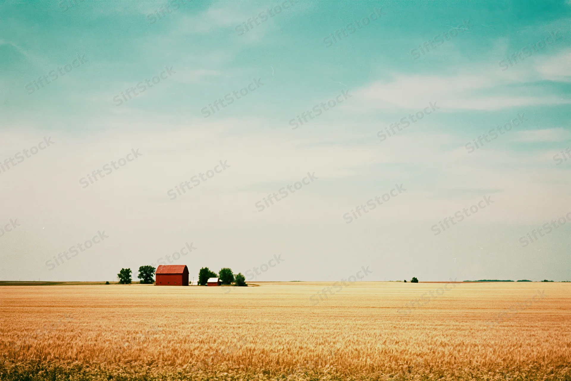 Golden wheat field stretching to the horizon with a red barn and trees in the distance under a pale blue sky
