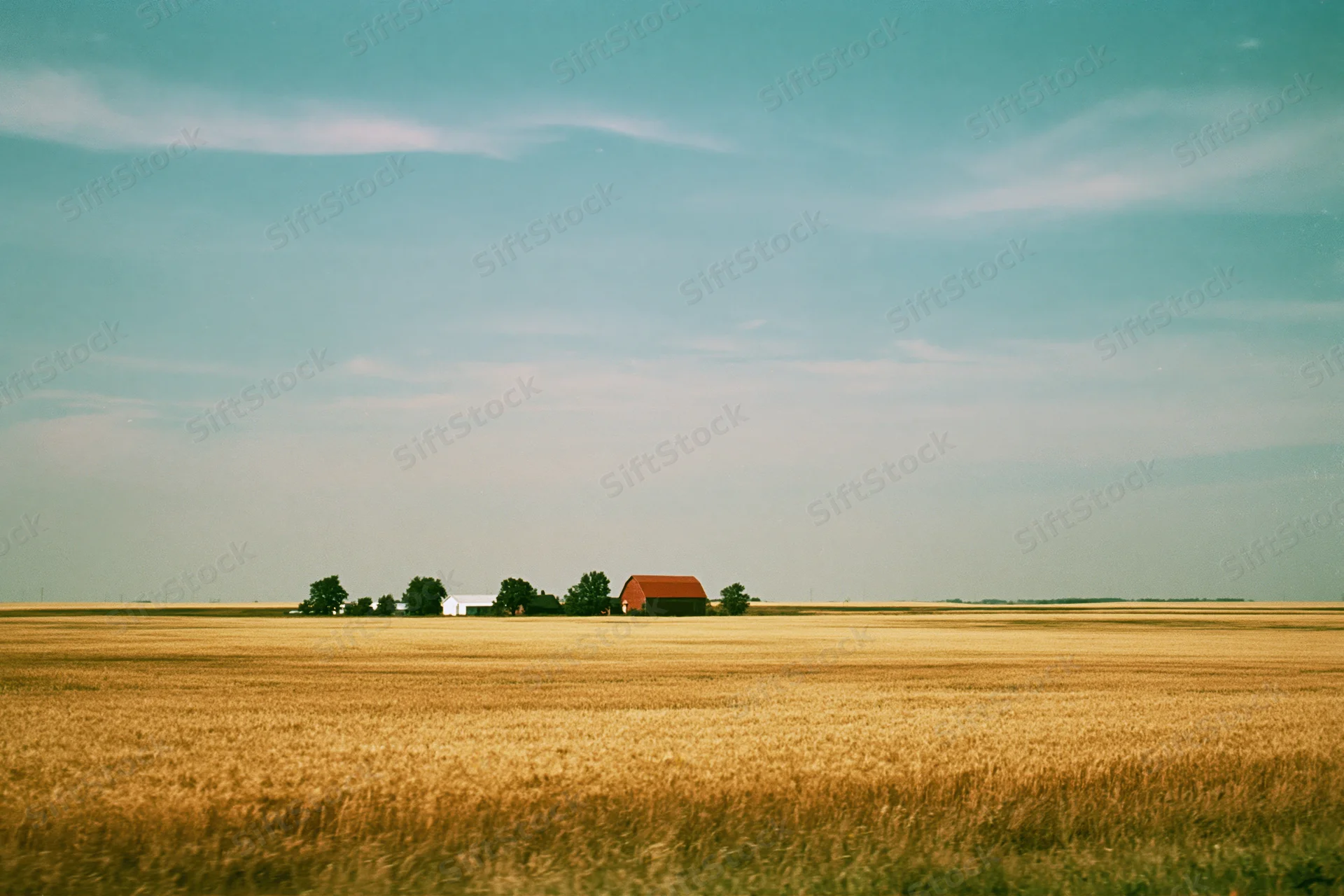 Golden wheat field stretching to horizon with red barn and white farmhouse in distance under blue sky