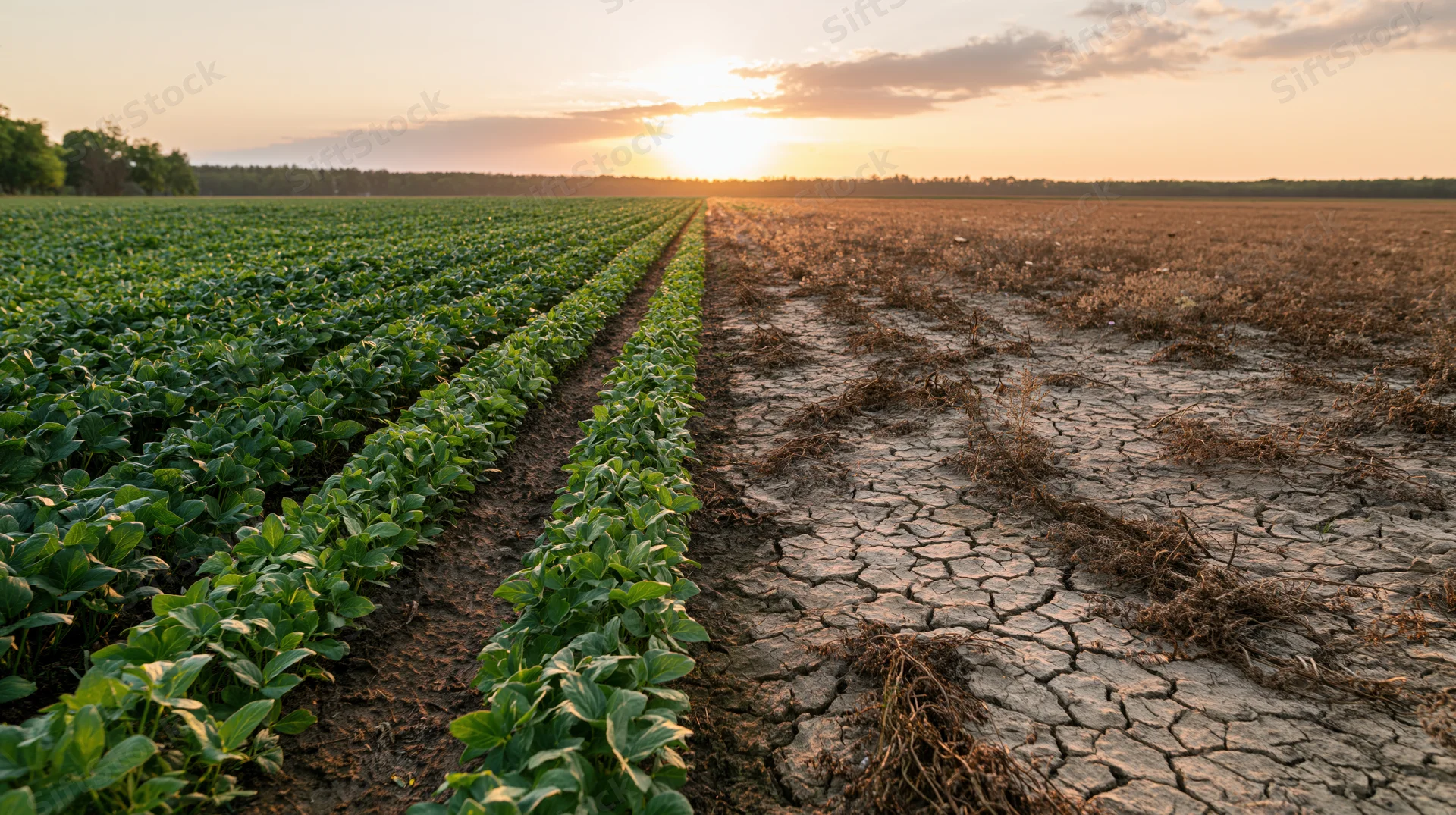 Farm field split down the middle with green soybean crop on one side and dry cracked soil on the other at sunset