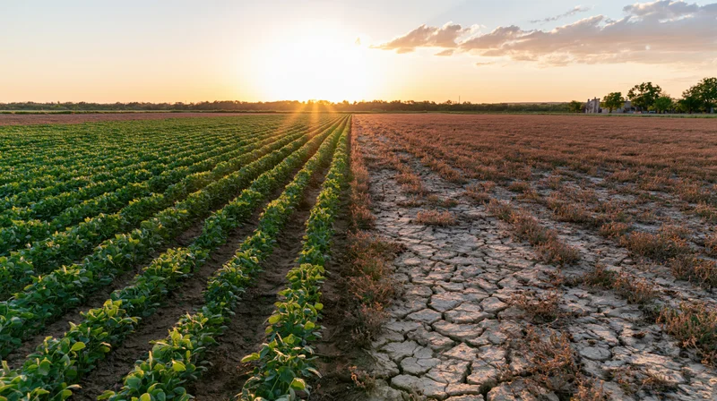 Farm field split down the middle with lush green soybean crop on one side and dry cracked earth on the other at sunset