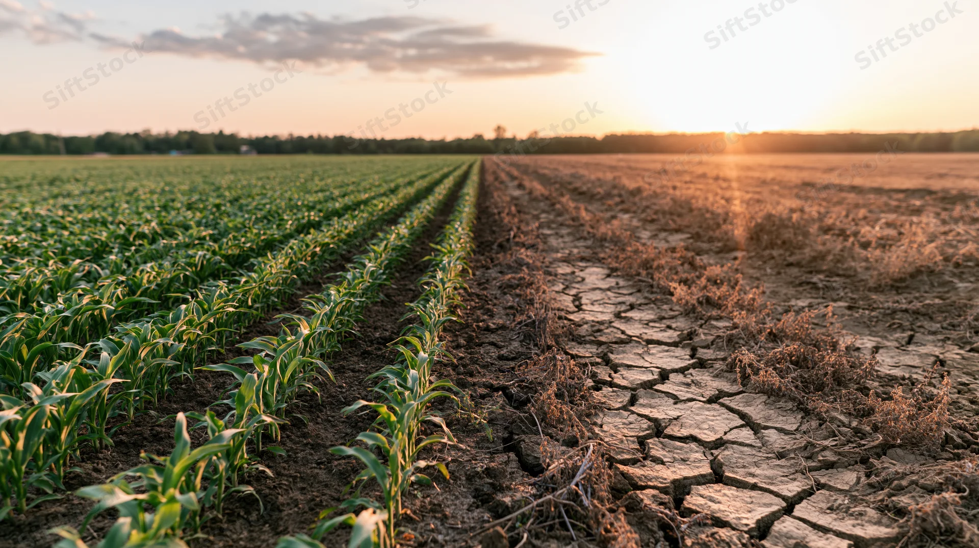 Farm field split down the middle with healthy corn on one side and dry cracked soil on the other at sunset