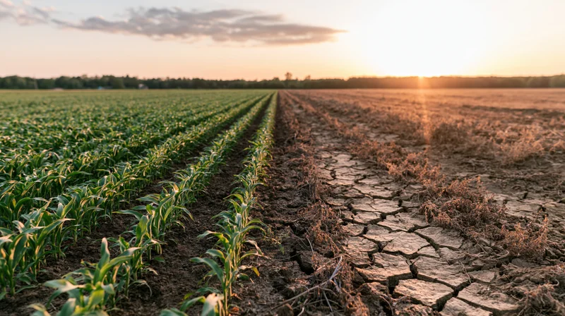 Farm field split down the middle with healthy corn on one side and dry cracked soil on the other at sunset
