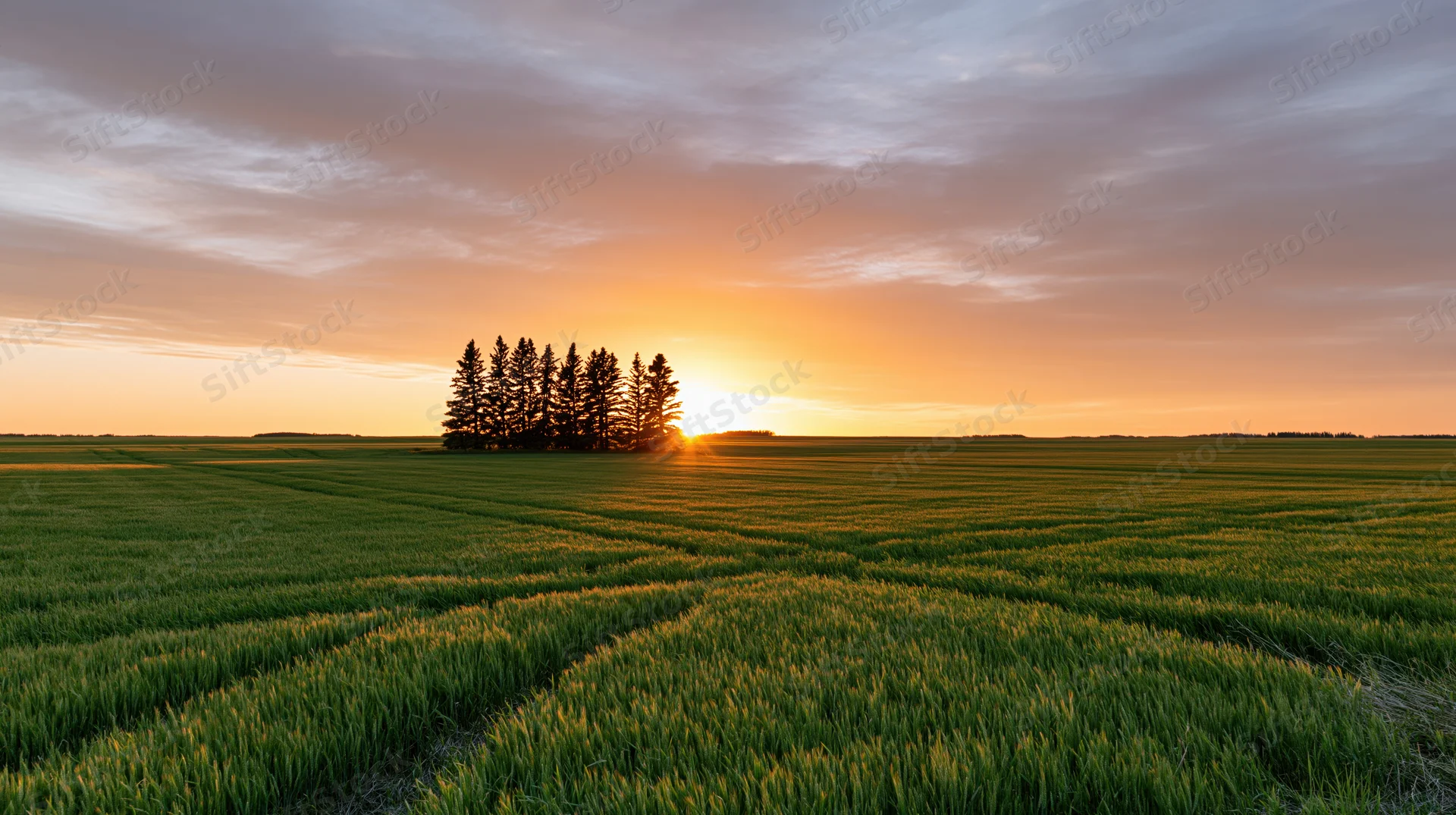 Wide view of a green wheat field at sunset with a line of pine trees silhouetted on the horizon