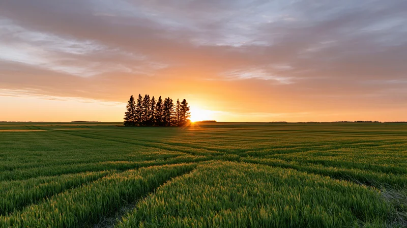 Wide view of a green wheat field at sunset with a line of pine trees silhouetted on the horizon