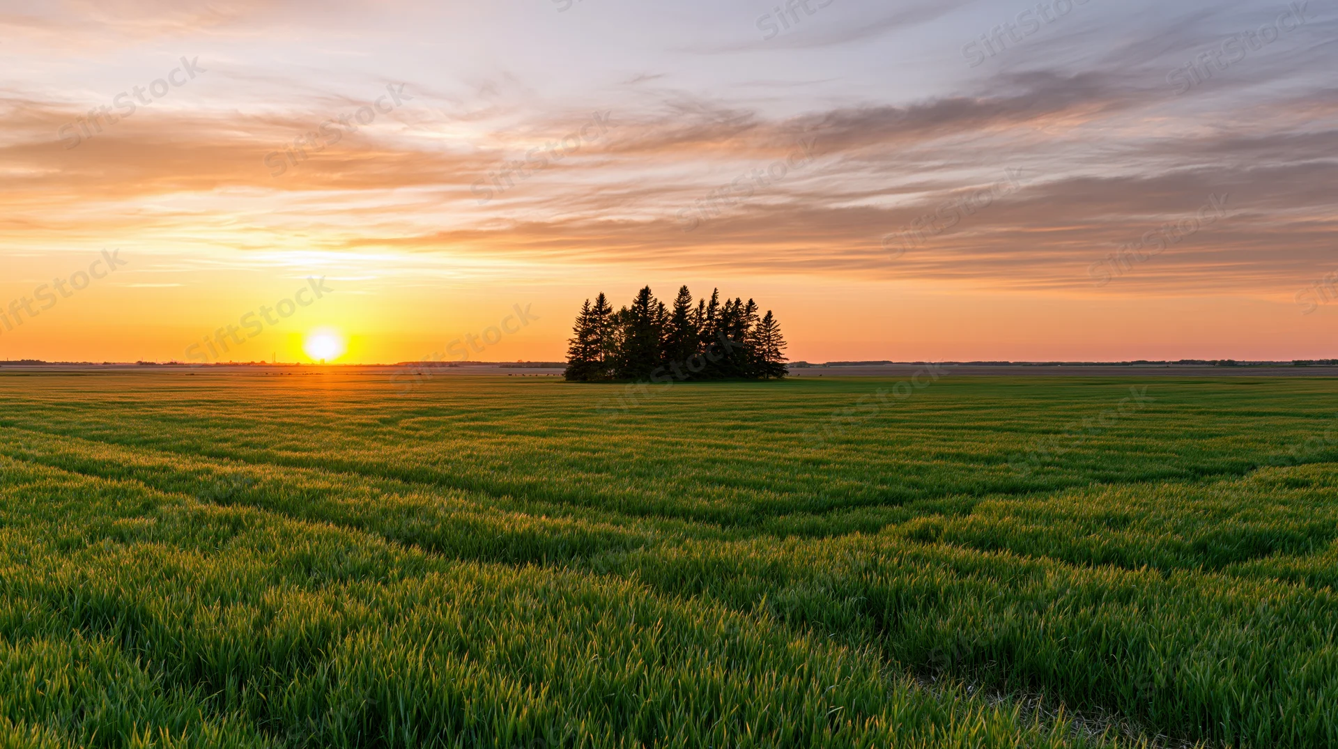 Wide view of a green crop field at sunset with a small tree cluster on the horizon