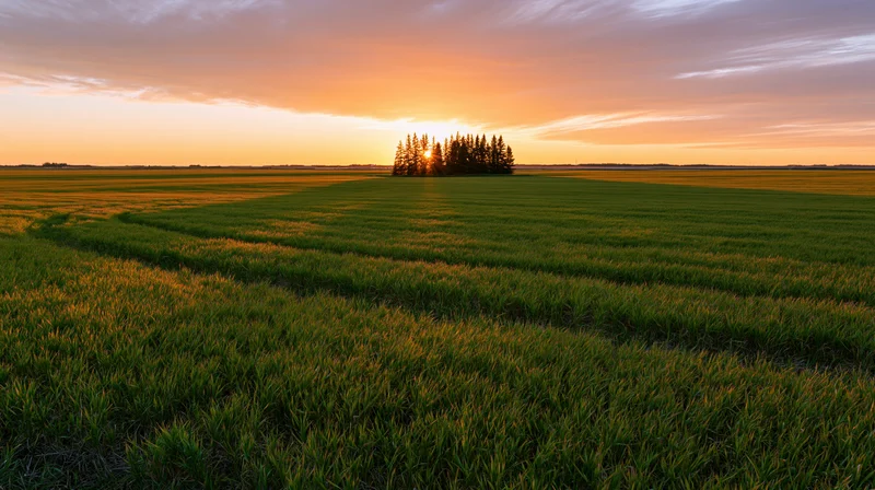 Wide view of a flat green crop field at sunset with trees silhouetted on the horizon