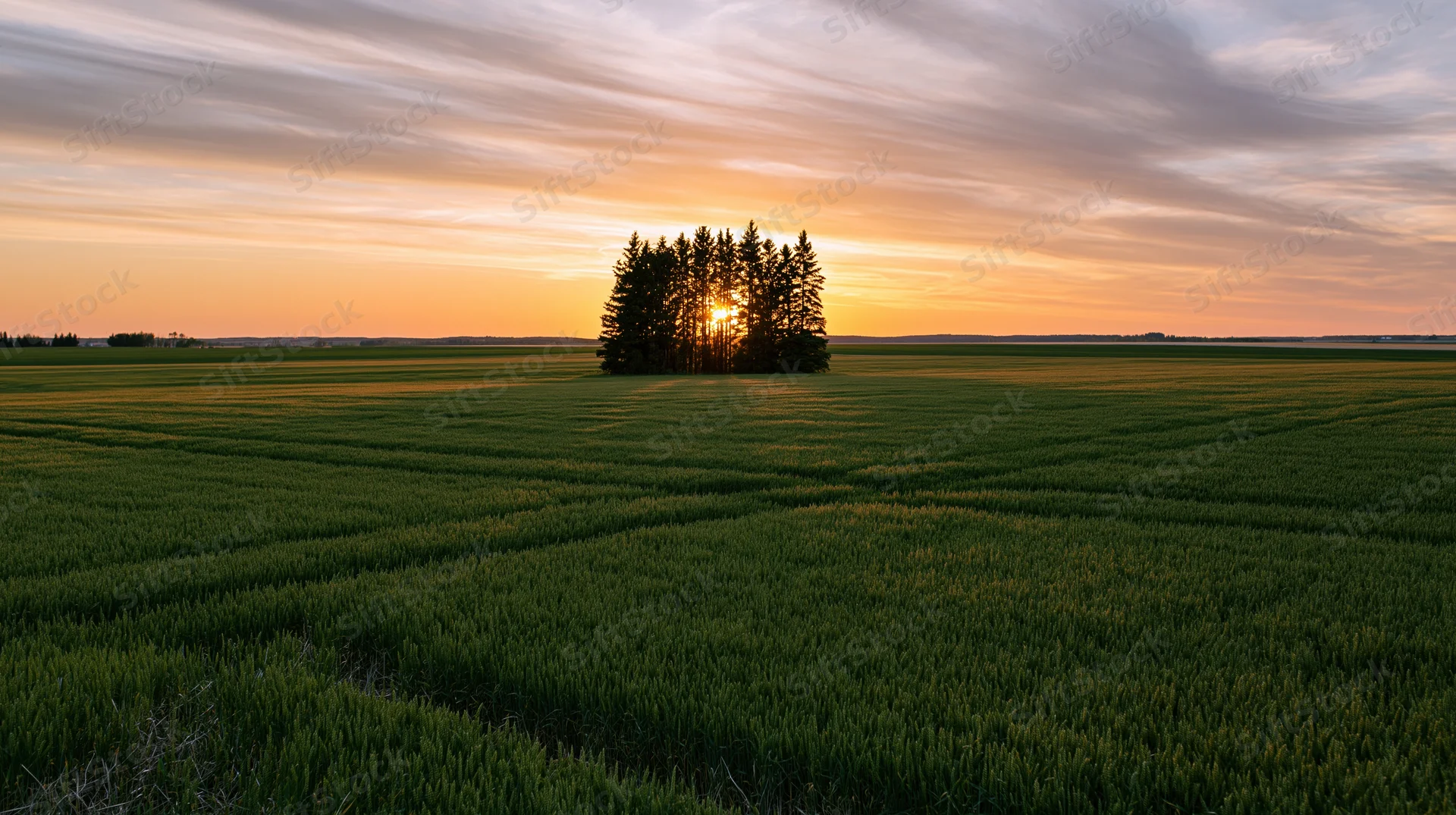 Wide view of a flat green crop field at sunset with a cluster of trees on the horizon