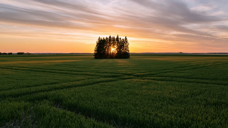 Wide view of a flat green crop field at sunset with a cluster of trees on the horizon