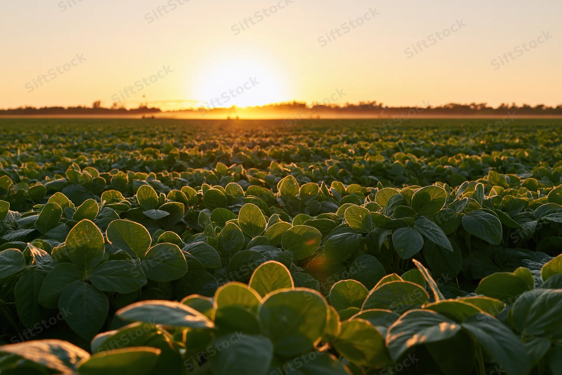 Soybean field at sunset stretching to the horizon with golden light on green leaves