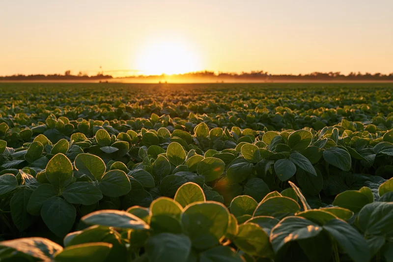 Soybean field at sunset stretching to the horizon with golden light on green leaves