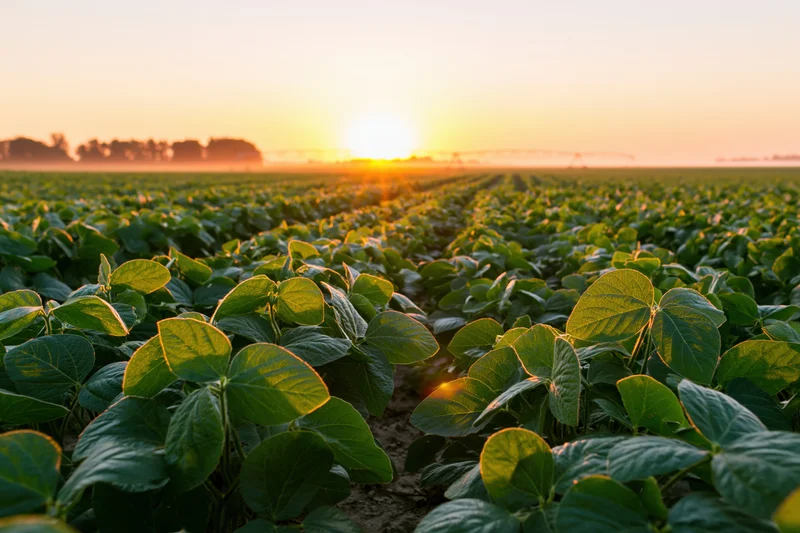Soybean plants growing in rows across a field at sunrise