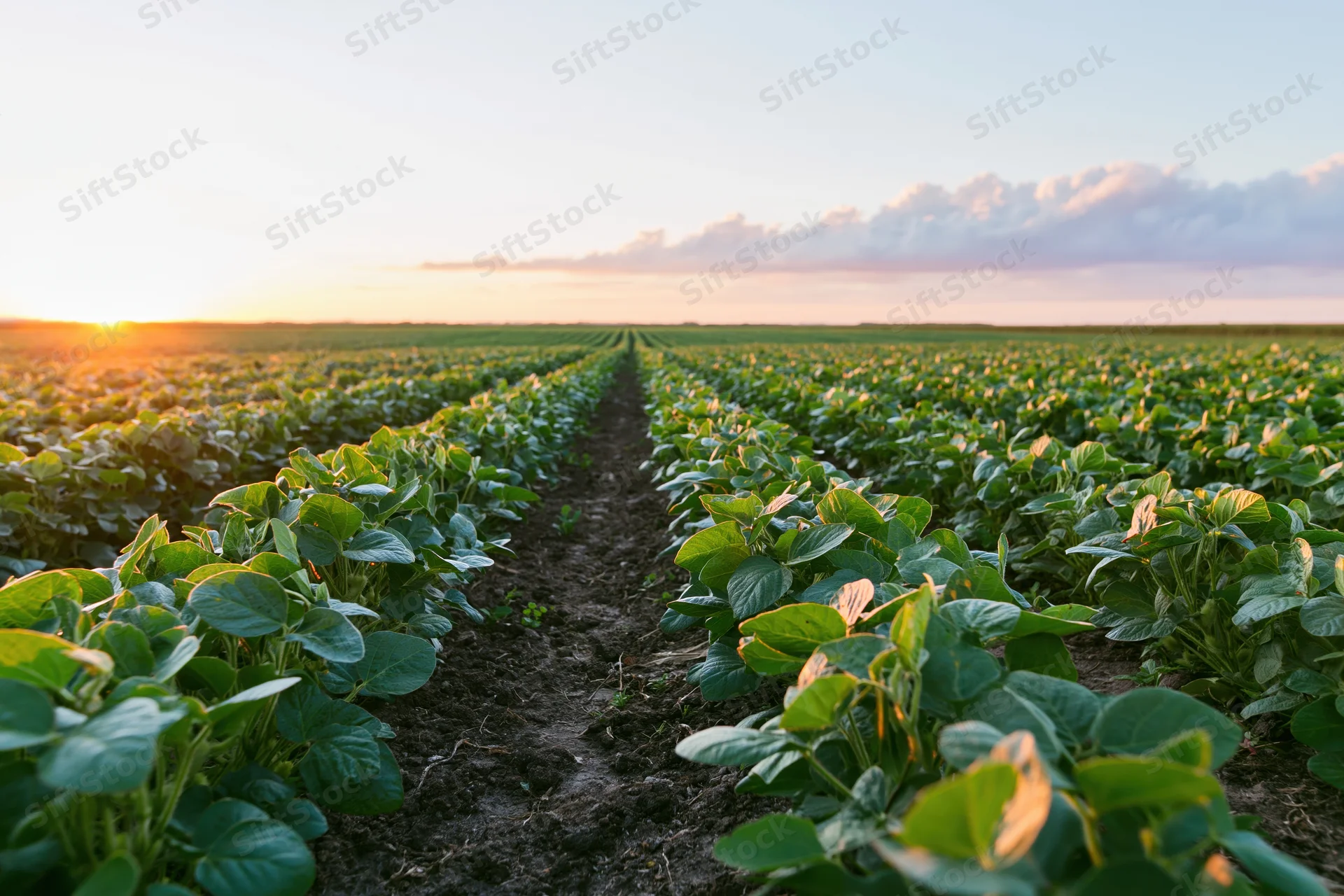Rows of soybean plants growing in a wide open field at sunset