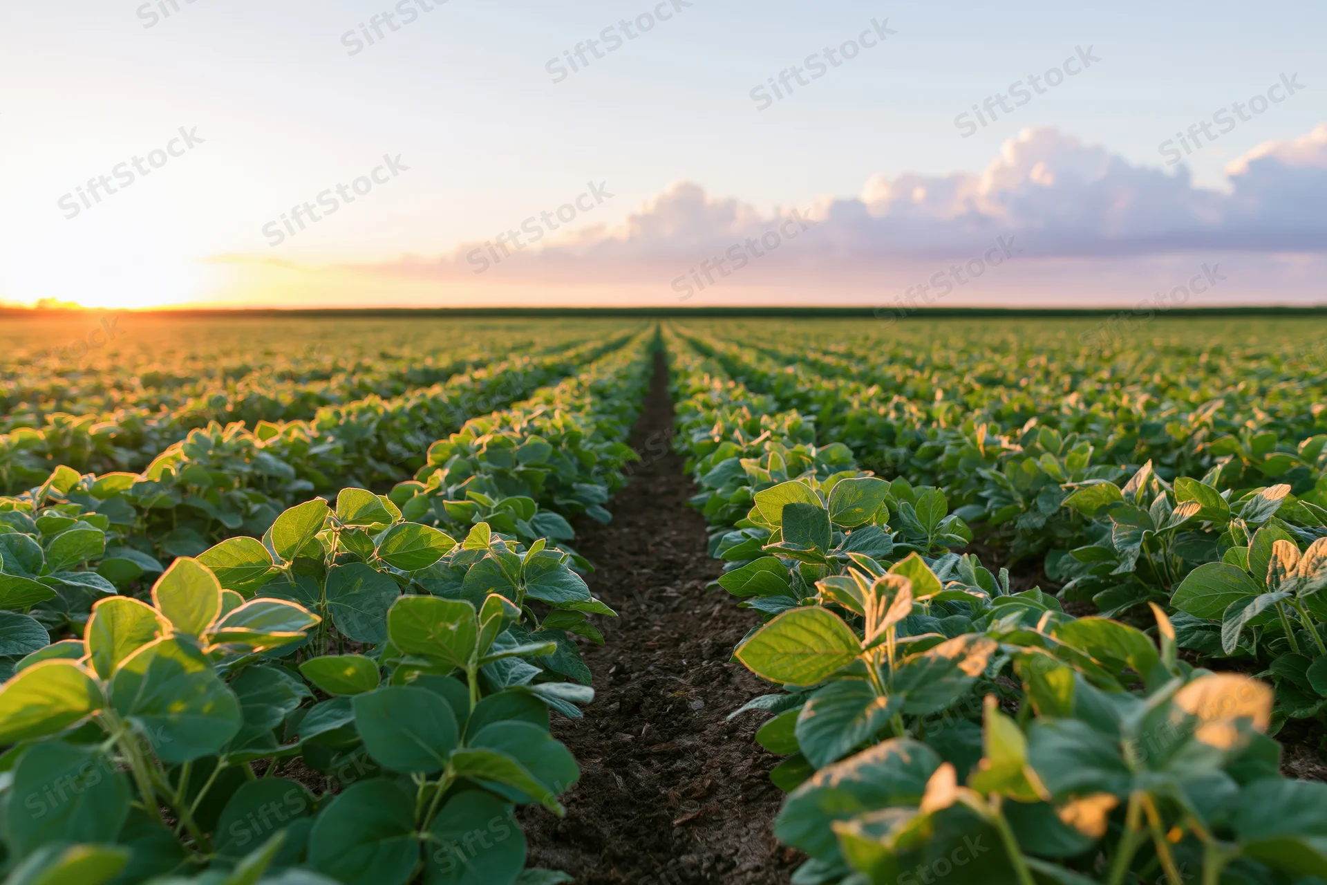 Rows of young soybean plants growing in a wide open field at sunset