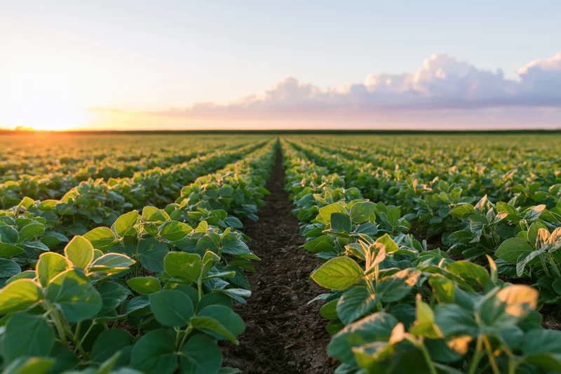 Rows of young soybean plants growing in a wide open field at sunset
