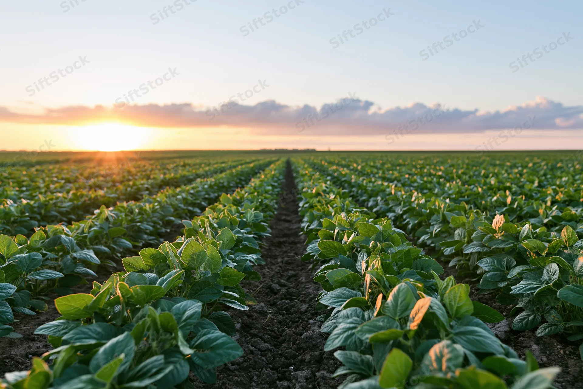 Rows of soybean plants growing in a wide open field at sunset