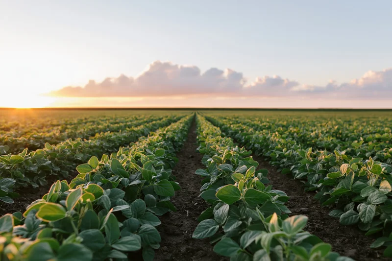 Rows of soybean plants growing in a wide open field at sunset