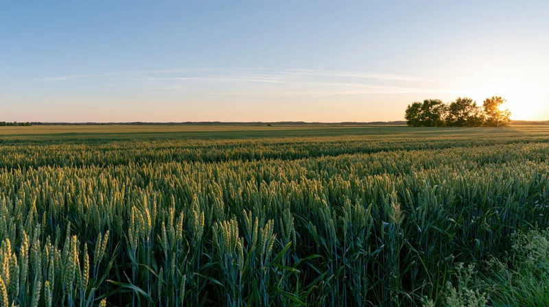 Wide view of a green wheat field at sunset stretching to the horizon