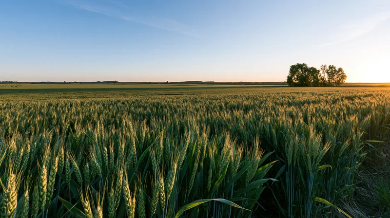 Wide view of a green wheat field stretching to the horizon under a clear sky at sunset