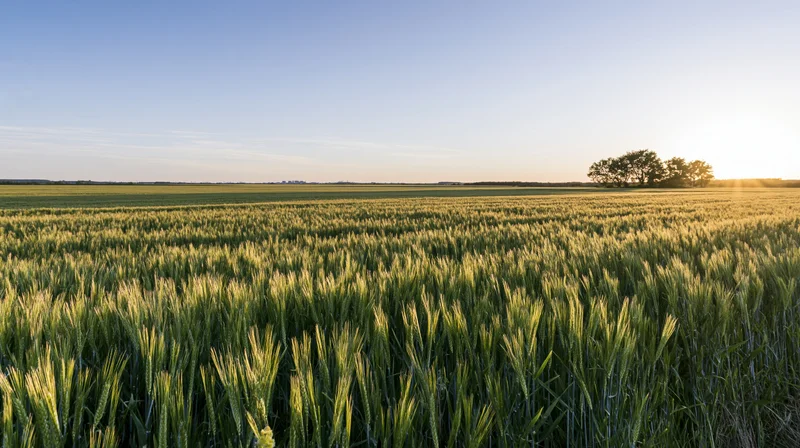 Wide panoramic view of a green wheat field stretching to the horizon under a clear sky at sunrise