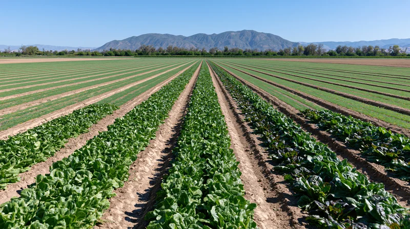 Rows of green lettuce and dark-leafed carrot crops growing in a wide open field under a clear blue sky with mountains in the distance