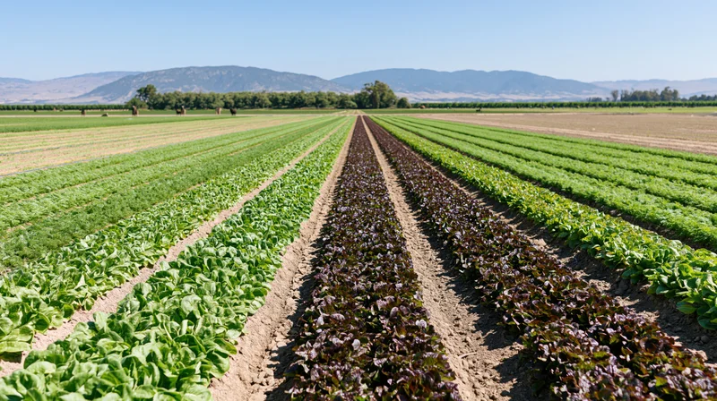 Rows of green and purple leafy vegetables growing in a farm field under a clear sky with distant mountains