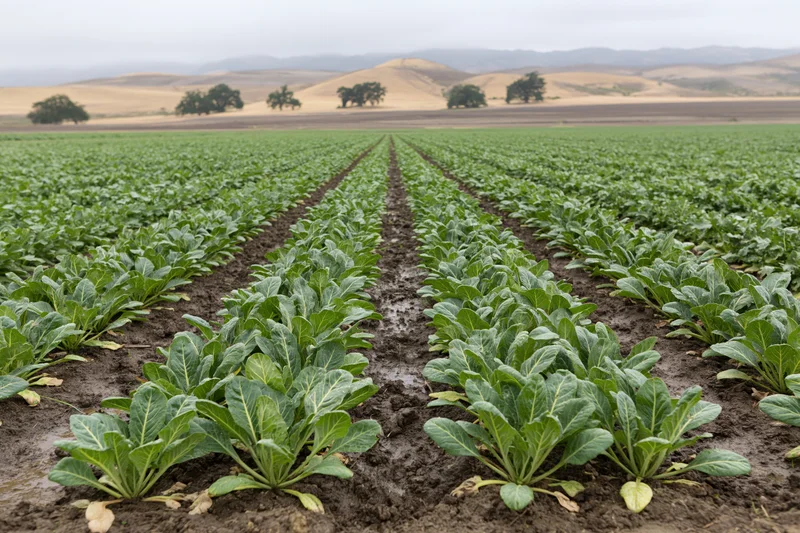 Rows of young leafy green crops growing in a field stretching toward distant hills under an overcast sky