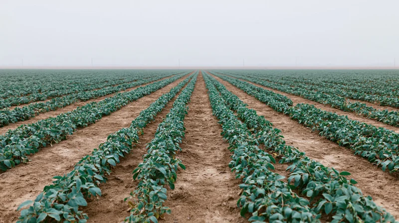 Rows of soybean plants growing in a flat agricultural field under an overcast sky