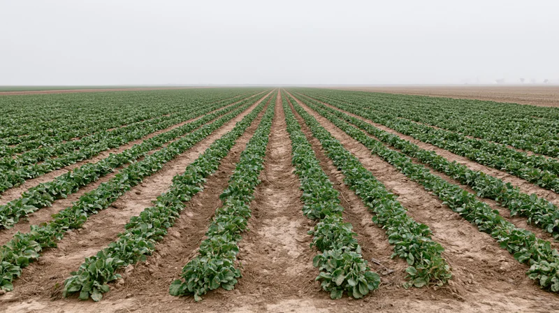 Parallel rows of green crops growing in a flat agricultural field under an overcast sky