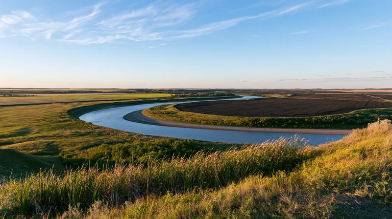 Winding river curving through flat agricultural plains under clear sky