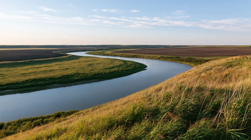 Winding river curving through flat agricultural plains under clear sky