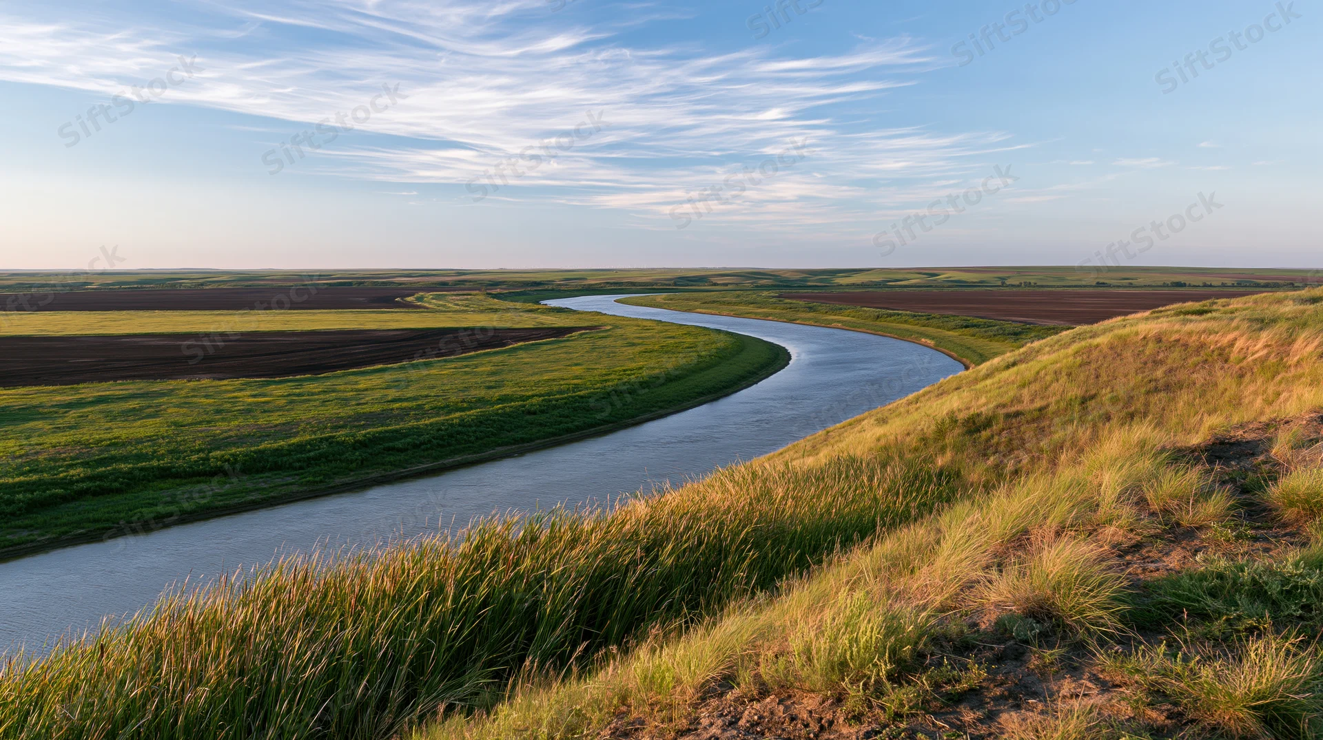Winding river curving through flat agricultural plains under a blue sky with wispy clouds