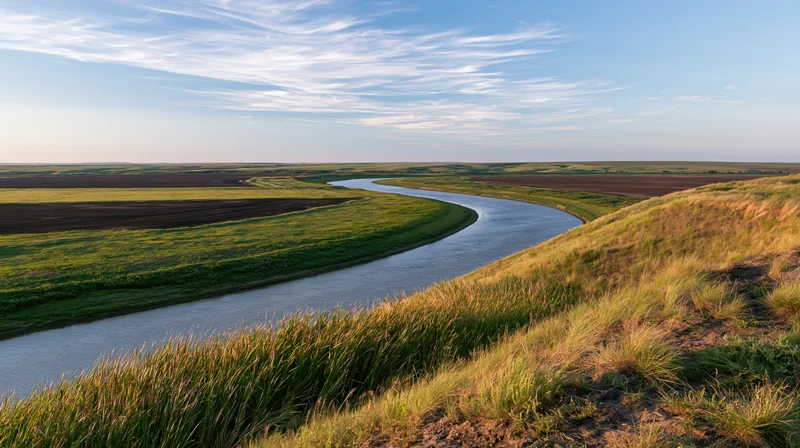 Winding river curving through flat agricultural plains under a blue sky with wispy clouds