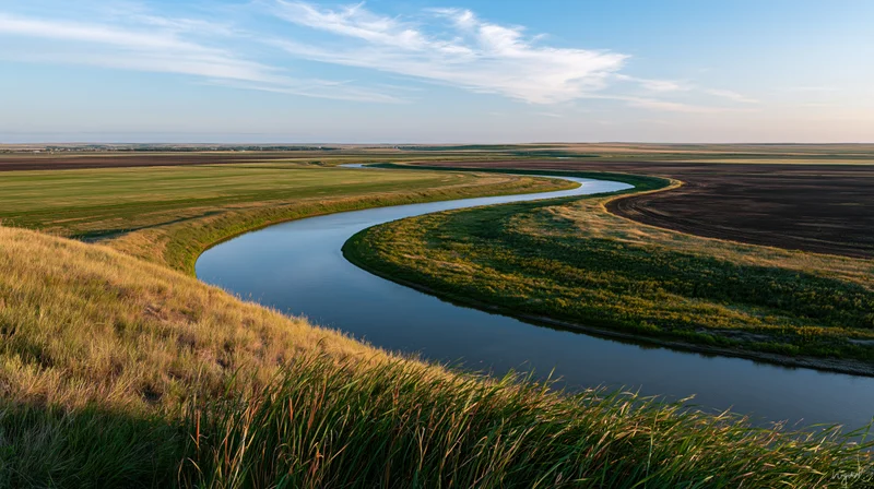 Winding river curving through flat agricultural plains under a blue sky with scattered clouds