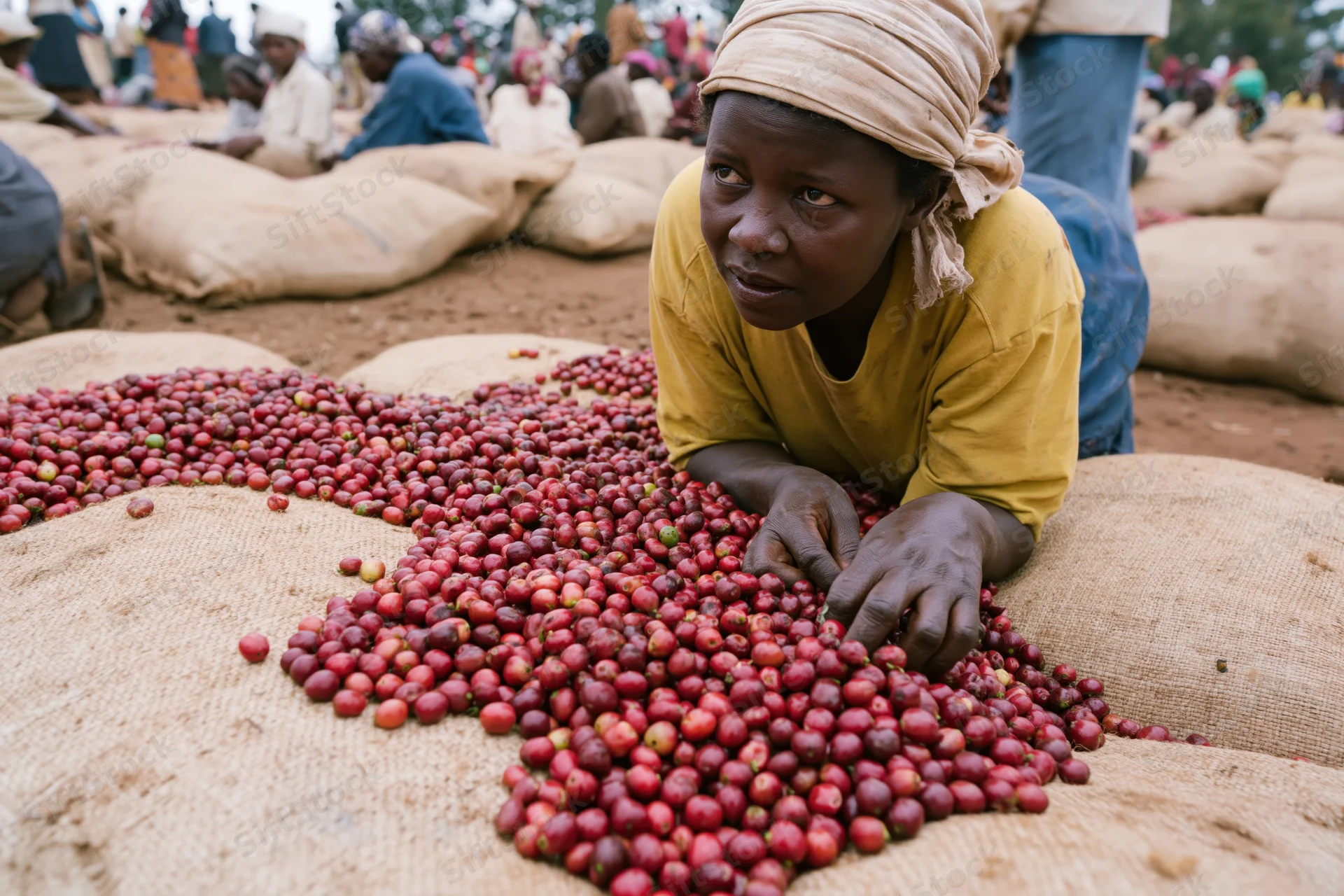 Woman sorting red coffee beans on burlap sacks in a rural field