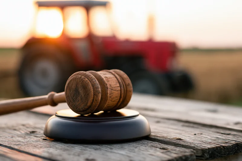 Wooden gavel resting on sound block on weathered wooden table with red tractor in blurred field at sunset