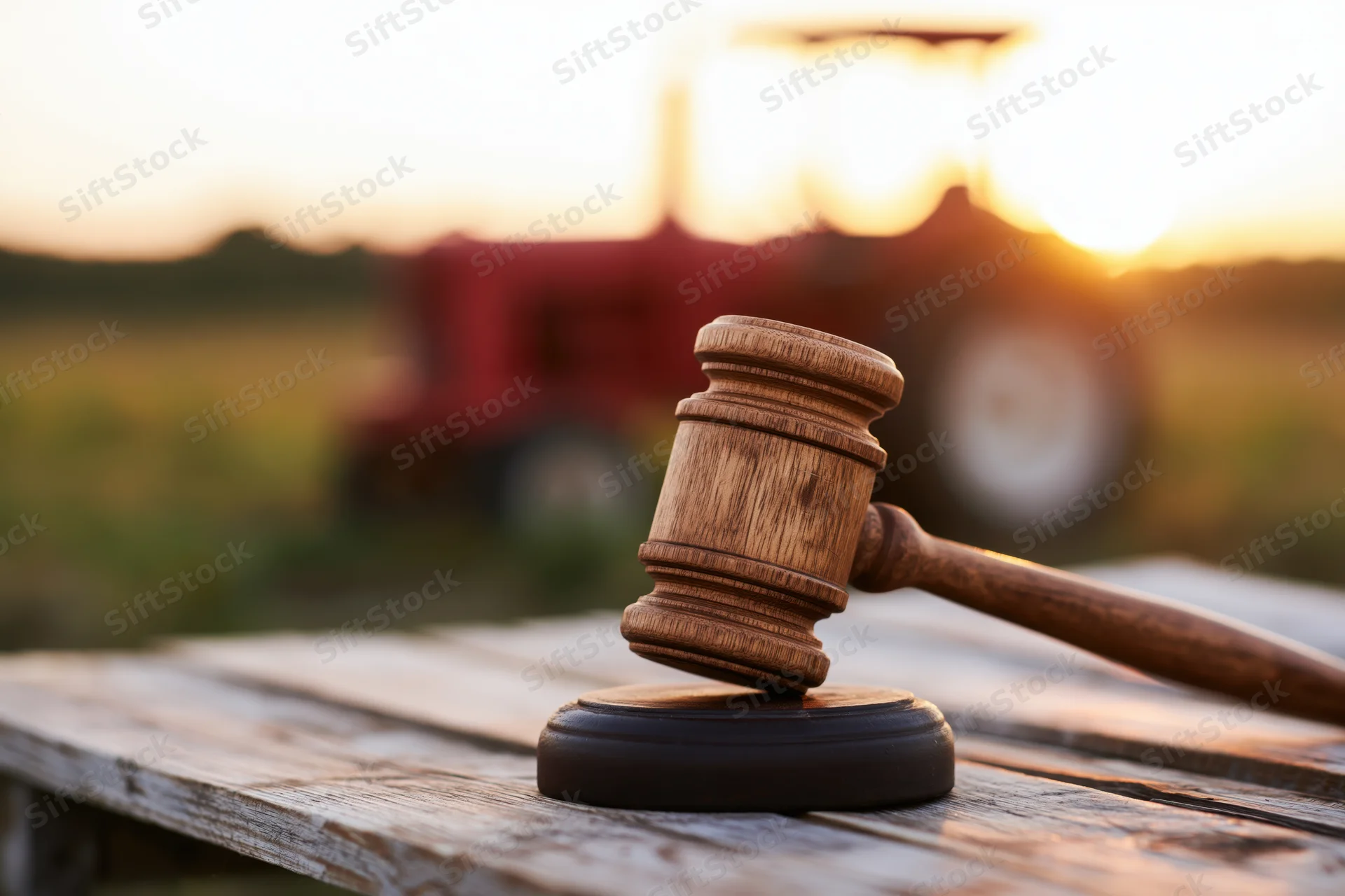 Wooden gavel resting on sound block on weathered table with red tractor in field at sunset