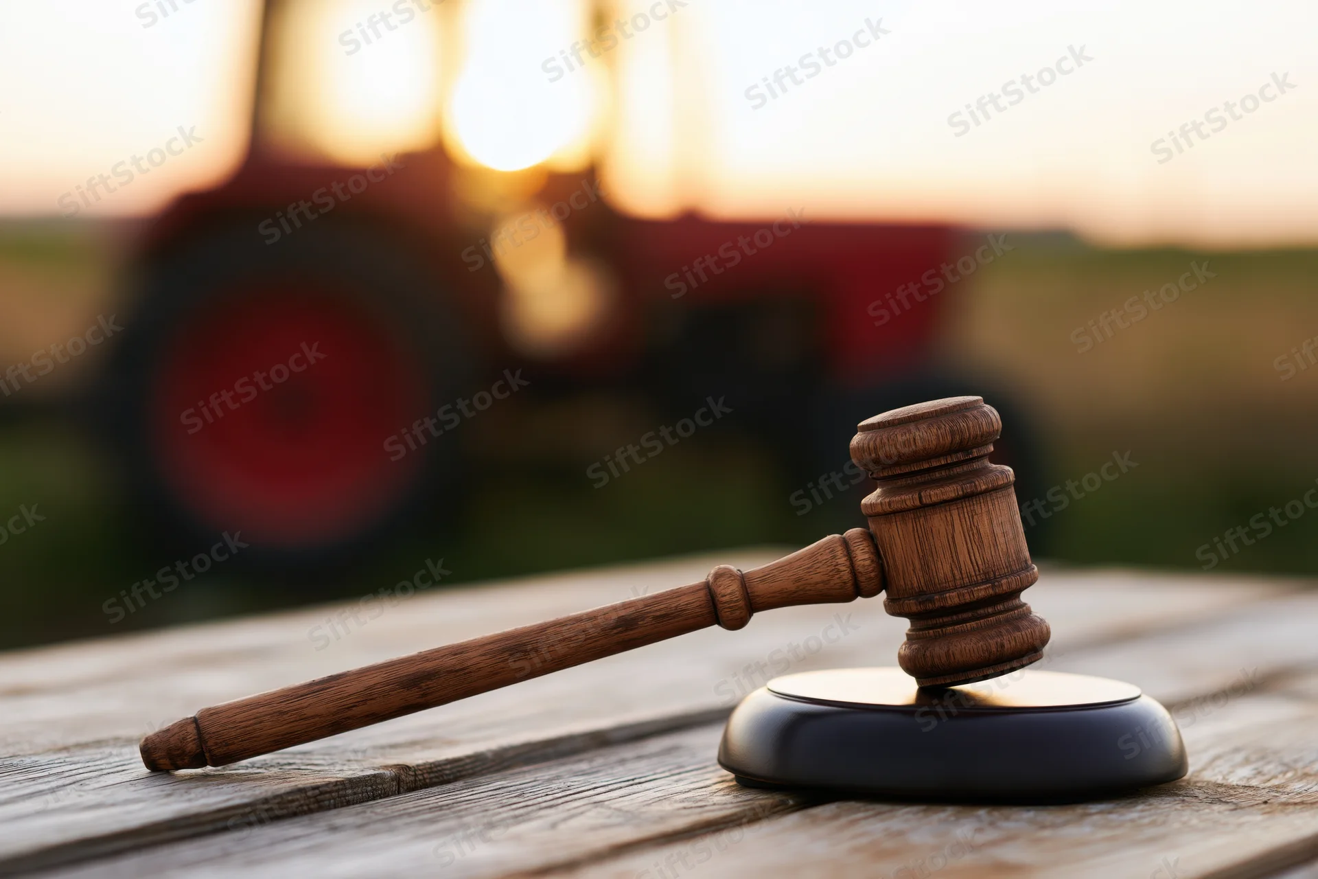 Wooden judge's gavel resting on sound block on weathered wooden table with tractor in blurred field at sunset