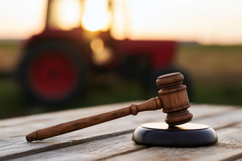 Wooden judge's gavel resting on sound block on weathered wooden table with tractor in blurred field at sunset