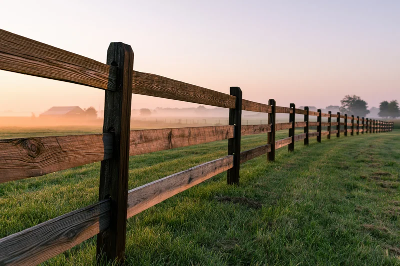 Wooden three-rail fence stretching diagonally across a misty green pasture at sunrise