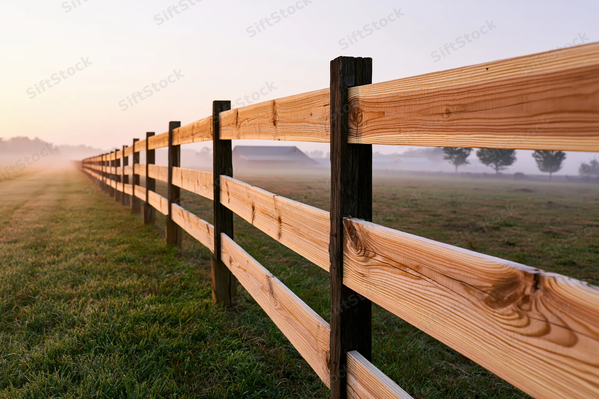 Wooden three-rail fence stretching diagonally across a foggy pasture at sunrise