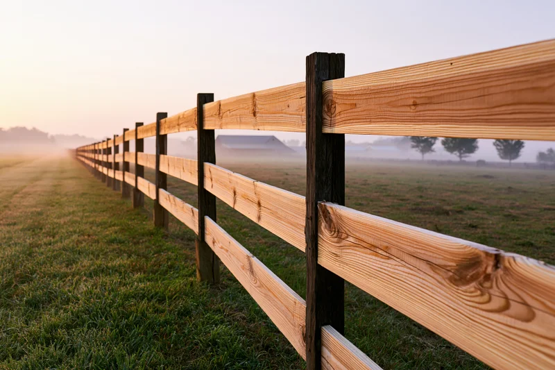 Wooden three-rail fence stretching diagonally across a foggy pasture at sunrise