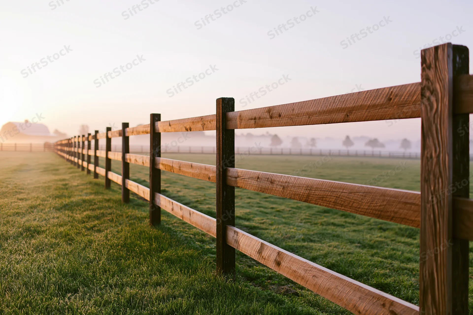 Wooden three-rail fence stretching diagonally across a grassy field at sunrise with a barn in the distance