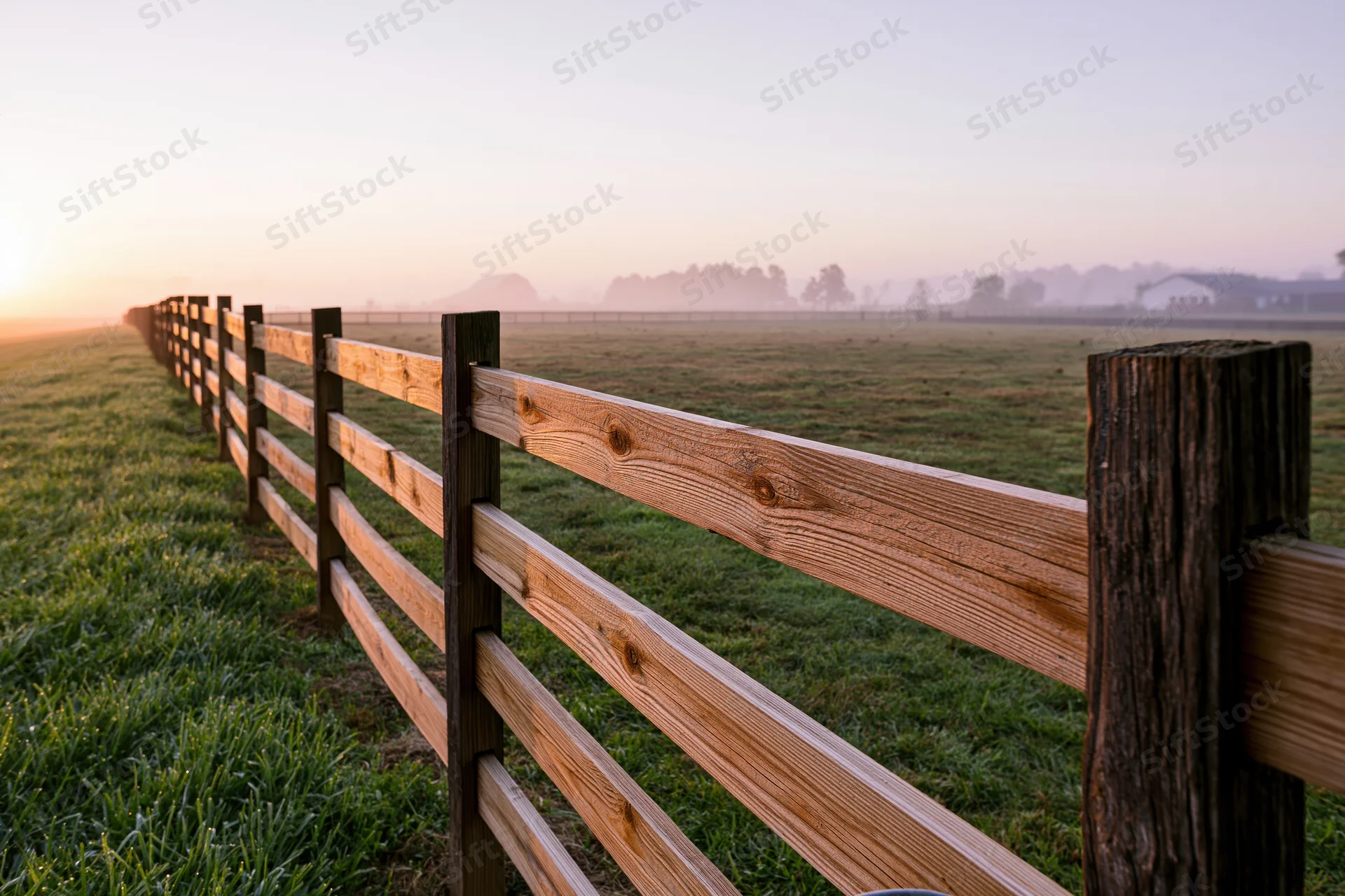 Wooden farm fence stretching diagonally across a grassy field at sunrise