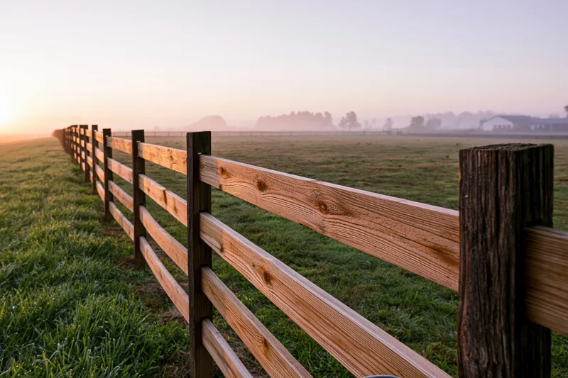Wooden farm fence stretching diagonally across a grassy field at sunrise